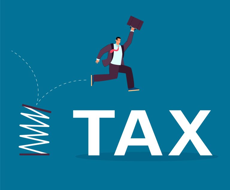 Businessman leaping upward with a briefcase, symbolizing reduced tax burden and tax exemption, illustrating corporate tax